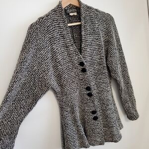 Vintage Small Peplum Sweater Textured Knit Cotton Button Cardigan Black White